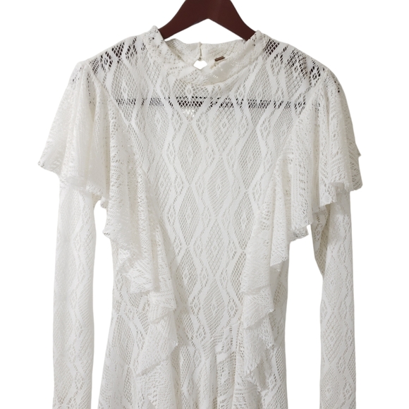 Free People Rock Candy Lace Ruffle Mockneck Sheer Flare Mini Dress Size Small - Picture 2 of 14